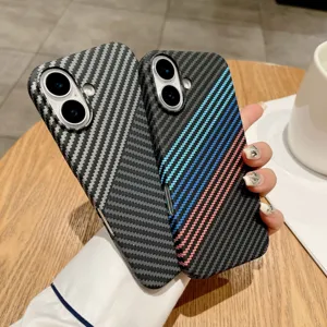 Carbon fiber pattern phone case close up, showing precise camera cutout and magnetic design.