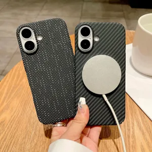 Close-up detail of carbon fiber and dot pattern phone cases with magnetic charging feature.
