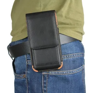 Detailed view of black leather phone holster with belt clip, practical waist bag for mobile.
