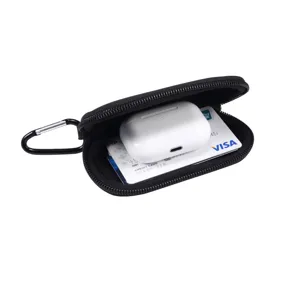Portable black zipper storage pouch with carabiner, ideal for wireless earphones and cards small.
