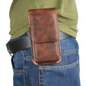 Brown PU leather phone holster detail showing waist belt wear and protective flip cover design.
