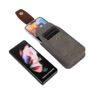 Grey leather phone holster detail showing card slot, belt loop and secure snap button closure.