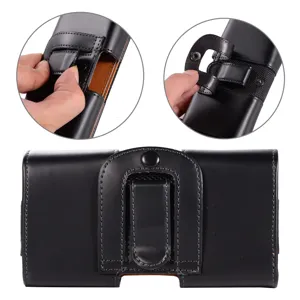 Schwarze Handy-Gürteltasche aus Leder mit Gürtelclip und Druckknopf für Smartphone.