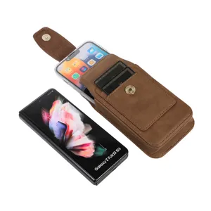 Brown leather belt pouch for men, vertical phone holster with card slots and magnetic closure.