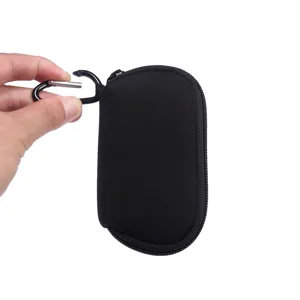Detail shot of the small black neoprene earphone protective case showing the zipper and carabiner.