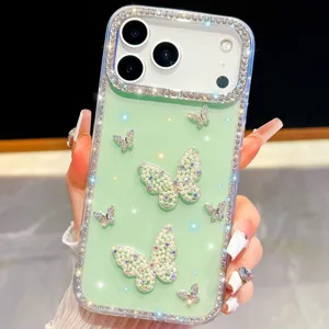 Luxus gruene Strass Schmetterling Handyhuelle mit glitzernden Kristallen fuer iPhone.