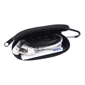 Detail view of a black mini zipper storage pouch, showing inner capacity with keys and earphones.
