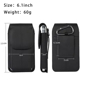 Vue détaillée de l'étui de téléphone vertical en cuir véritable noir avec boucle de ceinture.
