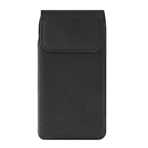 Black vertical nylon phone holster pouch detail view, durable fabric pocket with secure flap buckle.