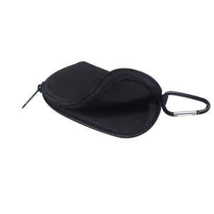 Close-up of black neoprene earphone protective case with secure zipper and metal carabiner hook.