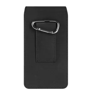 Black nylon vertical phone pouch detail view with metal carabiner and belt loop attachment.