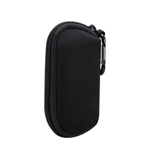Compact black neoprene wireless earphone protective case with carabiner for portable daily use.
