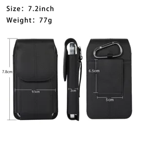 Vue détaillée de l'étui de téléphone en cuir noir avec dimensions précises pour 7,2 pouces.
