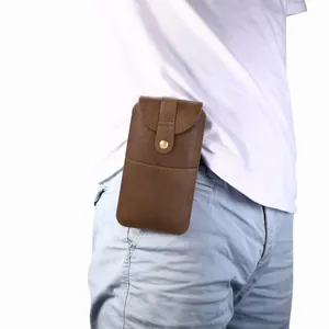 Étui de téléphone vertical en cuir pour ceinture, pochette de taille en cuir de vache marron.