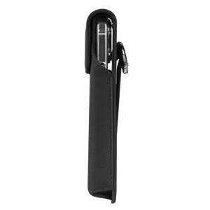 Detailed side view of black nylon phone holster pouch with belt clip and flap closure.