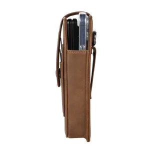 Men's brown vertical leather phone belt holster waist bag with card slot and carabiner clip
