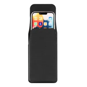 Vertical black nylon phone holster detail, compact waist pouch with belt clip for smartphone.