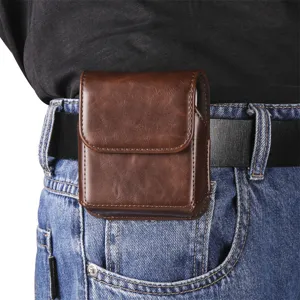 Marsupio per telefono in pelle marrone, elegante custodia da cintura per cellulari pieghevoli.