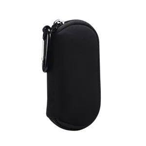 Small black zipper protective storage pouch case with carabiner hook for small accessories.