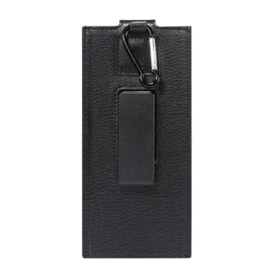 Black textured leather phone pouch detail view with sturdy belt clip and metal hook