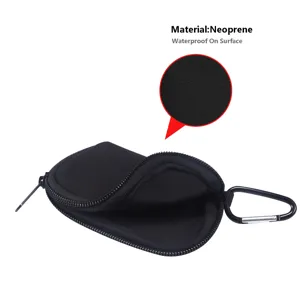 Mini neoprene earphone storage pouch detail view with zipper and carabiner clip.