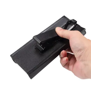 Black textured leather folding phone holster with belt clip and hanging hook for daily use.