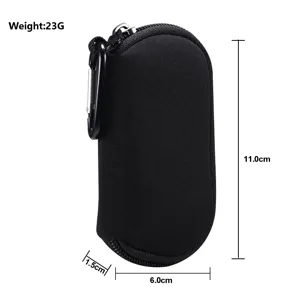 Portable black neoprene earphone storage pouch with zipper and hook, compact travel case.