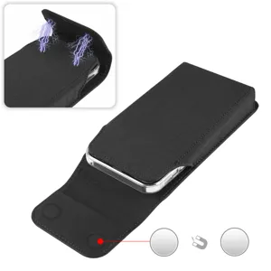Close-up detail view of black nylon vertical phone holster featuring magnetic closure flap.