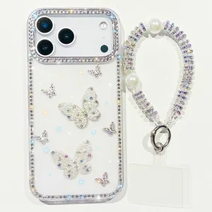 Strass Schmetterling Handyhülle mit Perlen Handschlaufe für iPhone, glitzerndes Hardcase.
