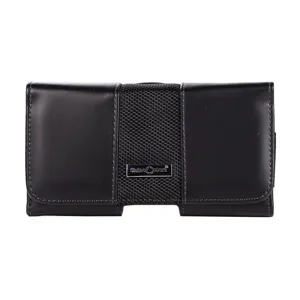 Schwarze PU-Leder und Nylon Spleiß Handyholster Detailansicht, Metall Logo Emblem Gürteltasche.