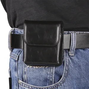 Marsupio da cintura in pelle nera per smartphone pieghevole per uso quotidiano.