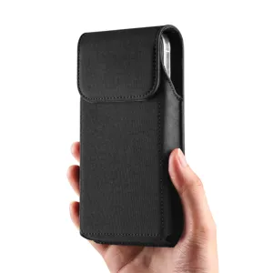 Black nylon vertical phone holster detail, universal pouch case with belt loop for phone.