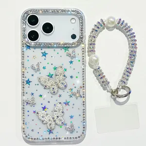 Glitzernde Strass Schmetterling Handyhülle mit Perlen Armband und praktischer Lasche.