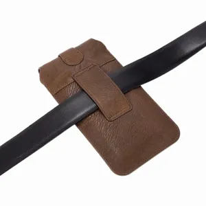 Étui de téléphone vertical en cuir véritable marron pour smartphone, boucle de ceinture.