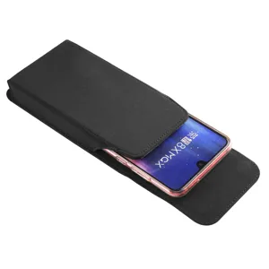 Black nylon waterproof vertical phone waist pouch detail view with secure buckle closure.