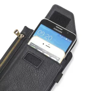Universele zwarte gestructureerde lederen telefoonholster heuptas met ritsvak en lus.