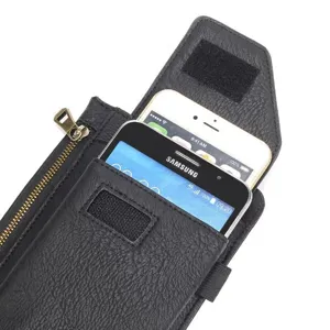 Zwarte PU lederen heuptas met dubbele zakken, rits en riemlus voor grote smartphones.