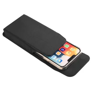 Close-up detail of black vertical nylon phone holster pouch with magnetic flap and belt loop.