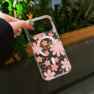Transparant hoesje detail met roze bloemmotief en handig magnetisch ringontwerp.
