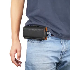 Étui de téléphone en cuir noir pour ceinture, pochette de taille horizontale universelle.
