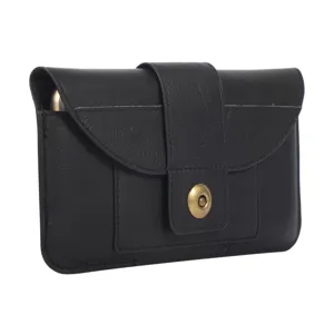 Étui ceinture en cuir véritable noir vue détaillée, sacoche fine pour smartphone.