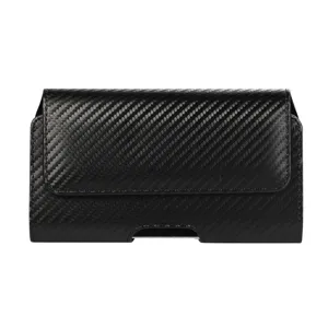 Carbon fiber pattern phone holster detail shot, universal belt pouch showing exquisite texture.
