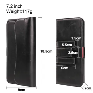 Universal 7.2 inch black leather phone holster waist bag with belt clip and card slot design.