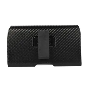 Carbon fiber texture phone holster detail view, universal belt clip design for daily use.