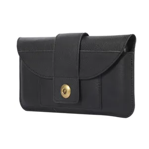 Sac de taille pour téléphone en cuir véritable noir avec rabat aimanté, étui universel.