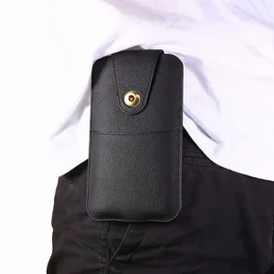 Black leather phone holster with metal snap button, designed for belt wear. Detail view.