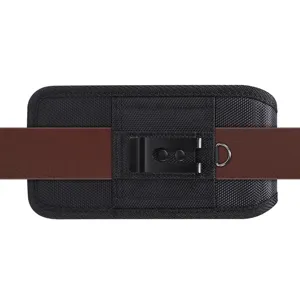 Closeup detail of black nylon double-layer phone waist pouch with metal belt clip and ring.