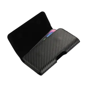 Universal phone holster with carbon fiber texture, belt clip design and soft interior lining.