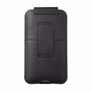 Close-up detail view of the black genuine leather phone holster featuring a sturdy belt clip.