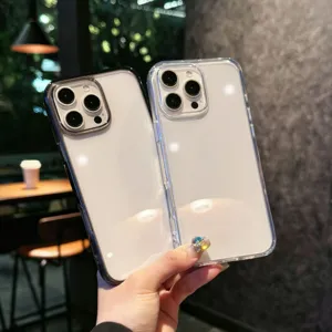 Clear transparent 2-in-1 shockproof phone case with metal buttons for iPhone detail.